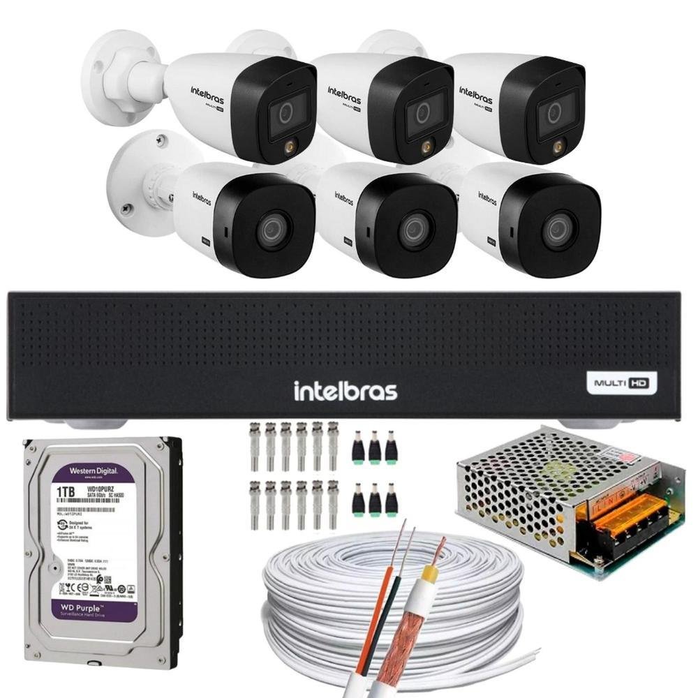 Kit Intelbras, 6 Câmeras Intelbras, 3 Câmeras FULL Color, 3 Câmeras 1220B FULL HD + DVR Mhdx 3008-c, HD 1TB