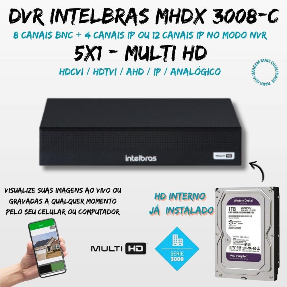 Kit Intelbras, 6 Câmeras Intelbras, 3 Câmeras FULL Color, 3 Câmeras 1220B FULL HD + DVR Mhdx 3008-c, HD 1TB