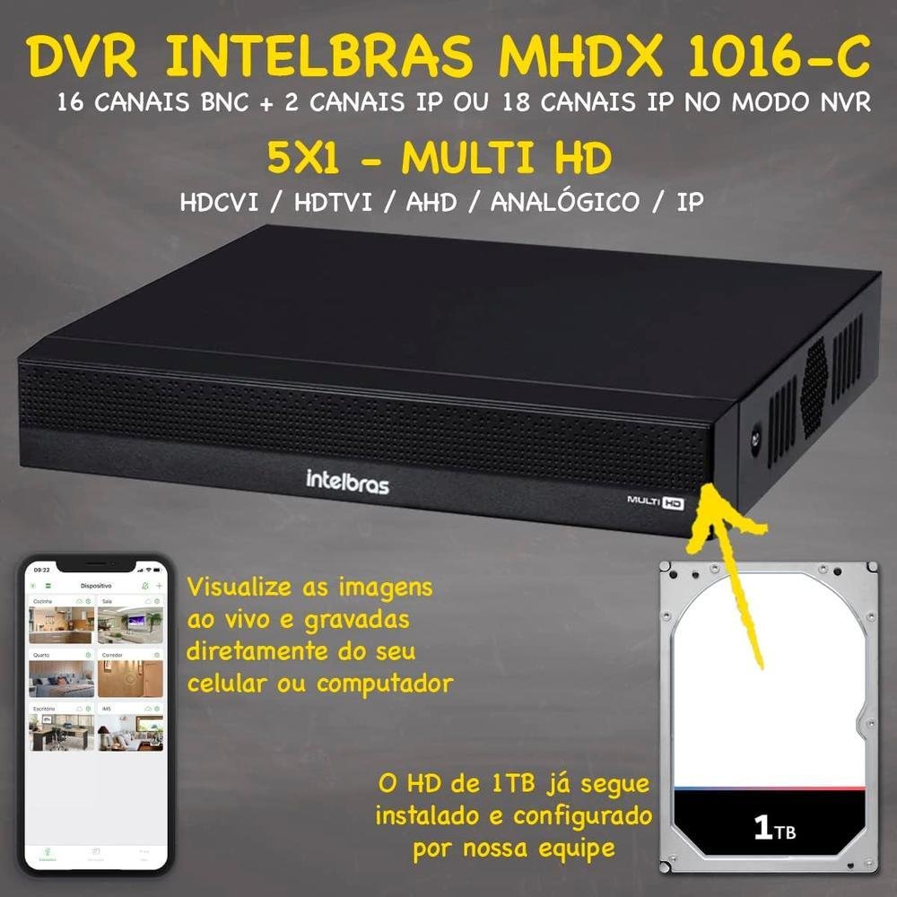 Kit Intelbras Cftv, 16 Câmeras FULL HD 1080 + DVR, HD 1TB Kit Intelbras Cftv, 16 Câmeras FULL HD 1080 + DVR, HD 1TB