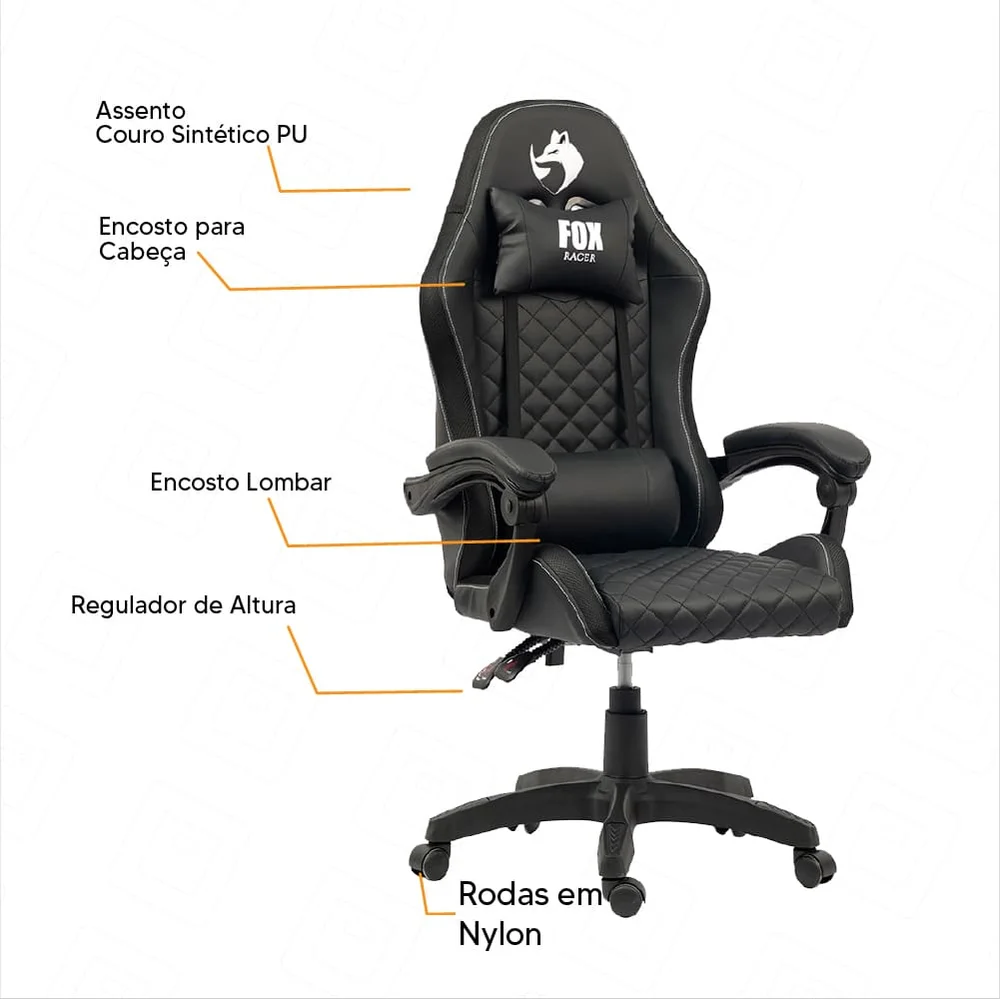 Cadeira Gamer Fox Vulpes, Até 110Kg, Com Almofadas, Com Ajuste, Reclinável, Preto Cadeira Gamer Fox Vulpes, Até 110Kg, Com Almofadas, Com Ajuste, Reclinável, Preto