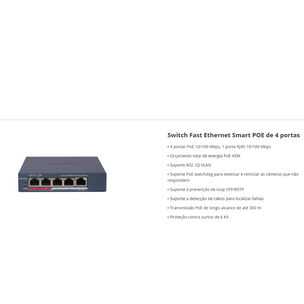 Switch Hikvision Metalico Ds-3e1105p-ei/m Poe Fast Ethernet