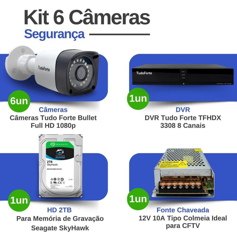 Kit 6 Câmeras Bullet Tudo Forte TF 2020 B Full HD 1080p com Visão Noturna 20M Proteção IP66 + DVR Tudo Forte TFHDX 3308 8 Canais + HD 2TB Skyhawk Kit 6 Câmeras Bullet Tudo Forte TF 2020 B Full HD 1080p com Visão Noturna 20M Proteção IP66 + DVR Tudo Forte TFHDX 3308 8 Canais + HD 2TB Skyhawk