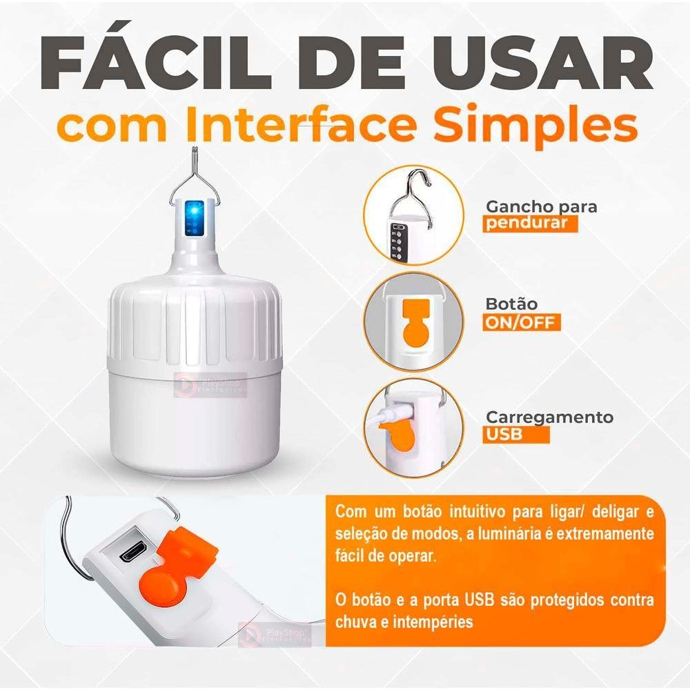 Lâmpada De LED Bulbo, De Emergência, 38w, Recarregável, Portátil
