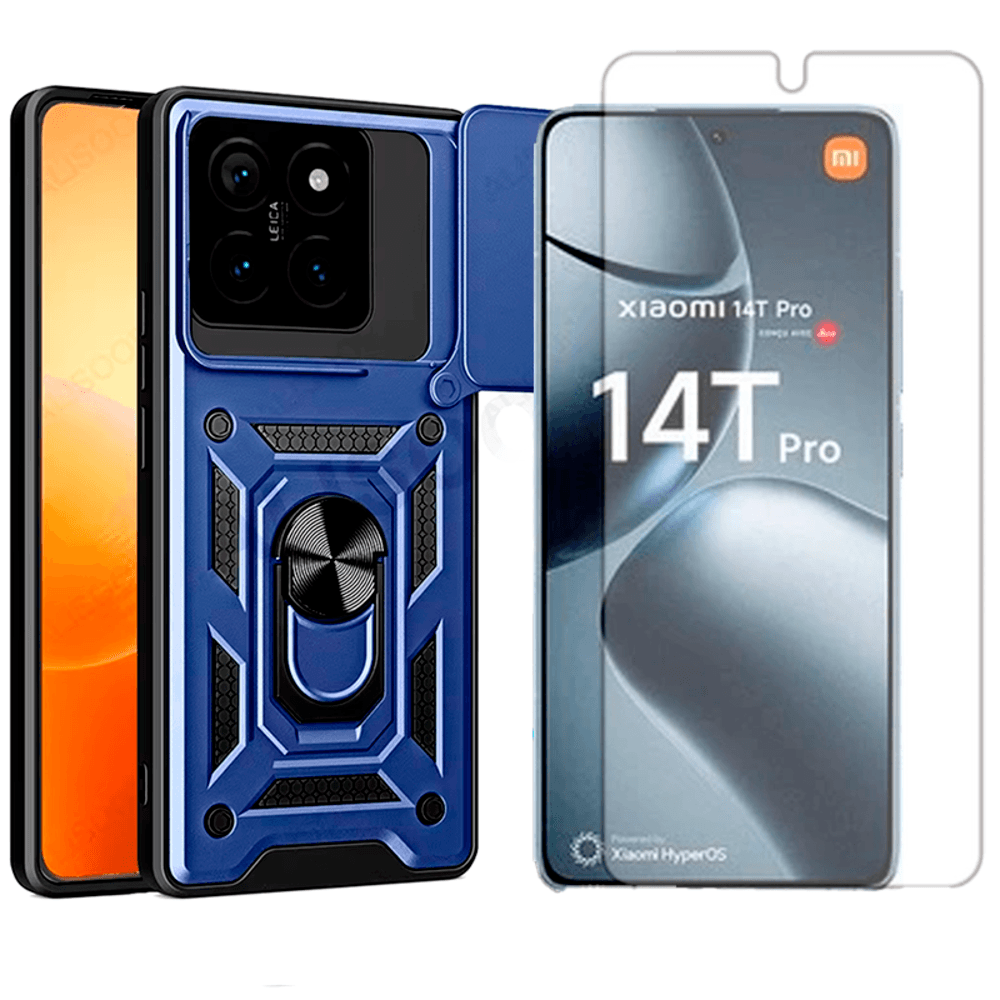 Capa Capinha Anel Para Xiaomi 14t Pro + Pelicula Hidrogel Cor:azul