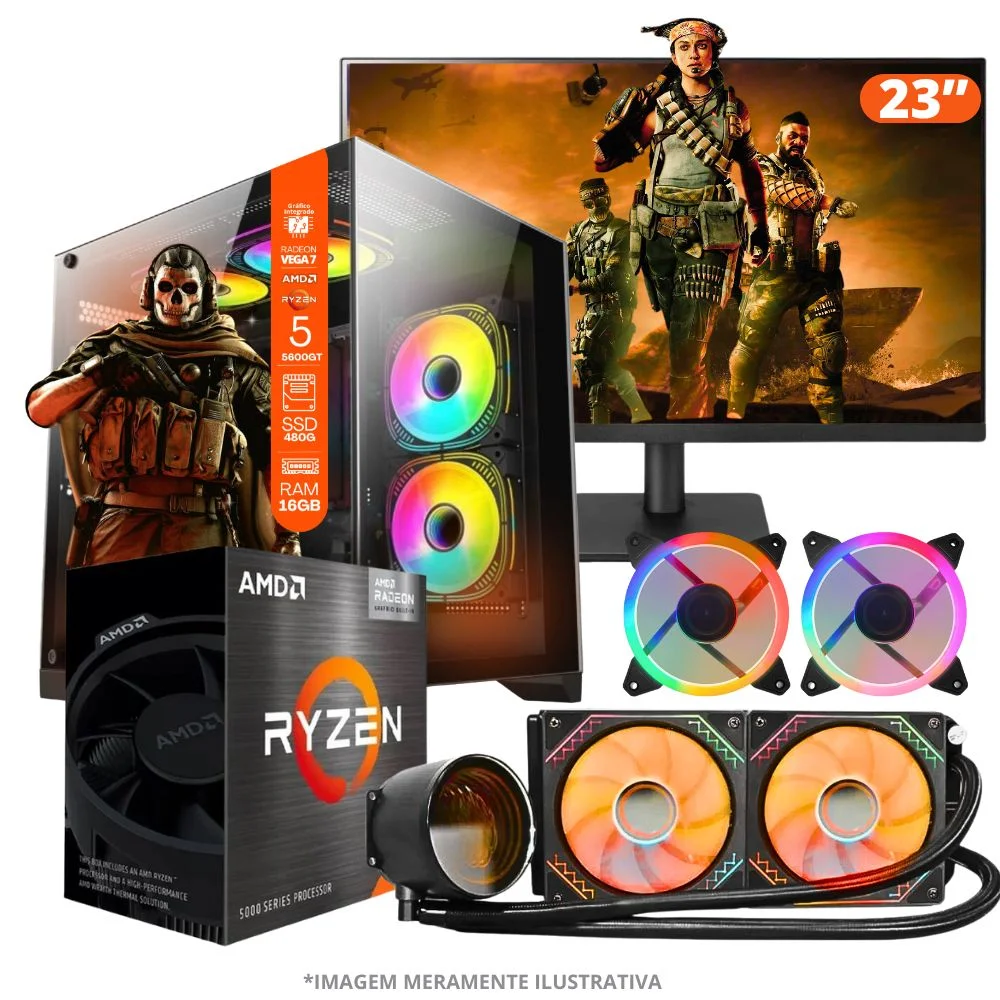 PC Gamer Amd Ryzen 5 5600gt, 16gb Ram, Placa De Video Radeon Vega 7, SSD 480GB, Fonte 550w, Water Cooler + Monitor 23” LED 75hz