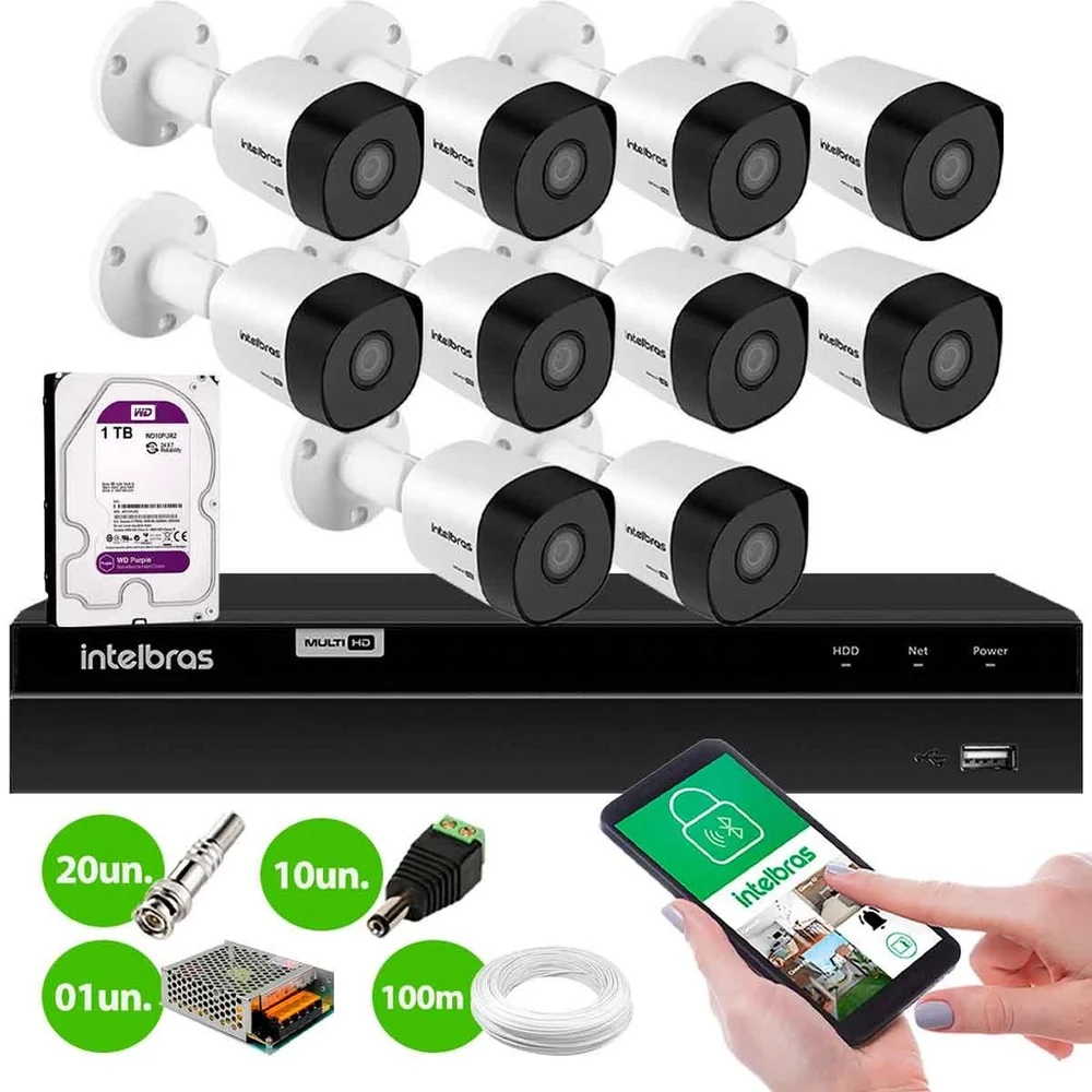 Kit 10 Câmeras Intelbras Vhd 3130 B G6 Hd 720p Visão Noturna 30m + Dvr Mhdx 1316 16 Canais + Hd 1TB