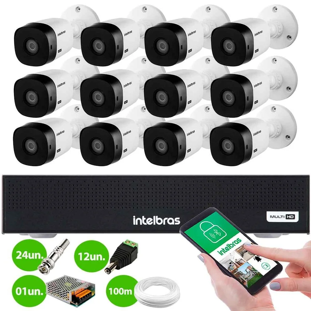 Kit 12 Câmeras Intelbras Vhl 1120 B Hd 720p Visão Noturna 20m + Dvr Intelbras Mhdx 1016-c 16 Canais