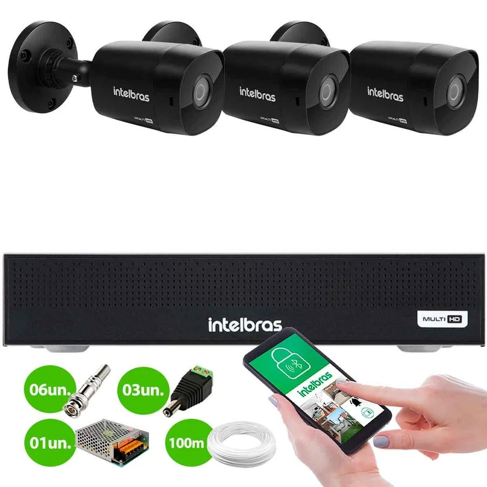 Kit 3 Câmeras Intelbras Vhd 1230 B Full Hd 1080p Black Visão Noturna 30m + Dvr Mhdx 1104-c 4 Canais