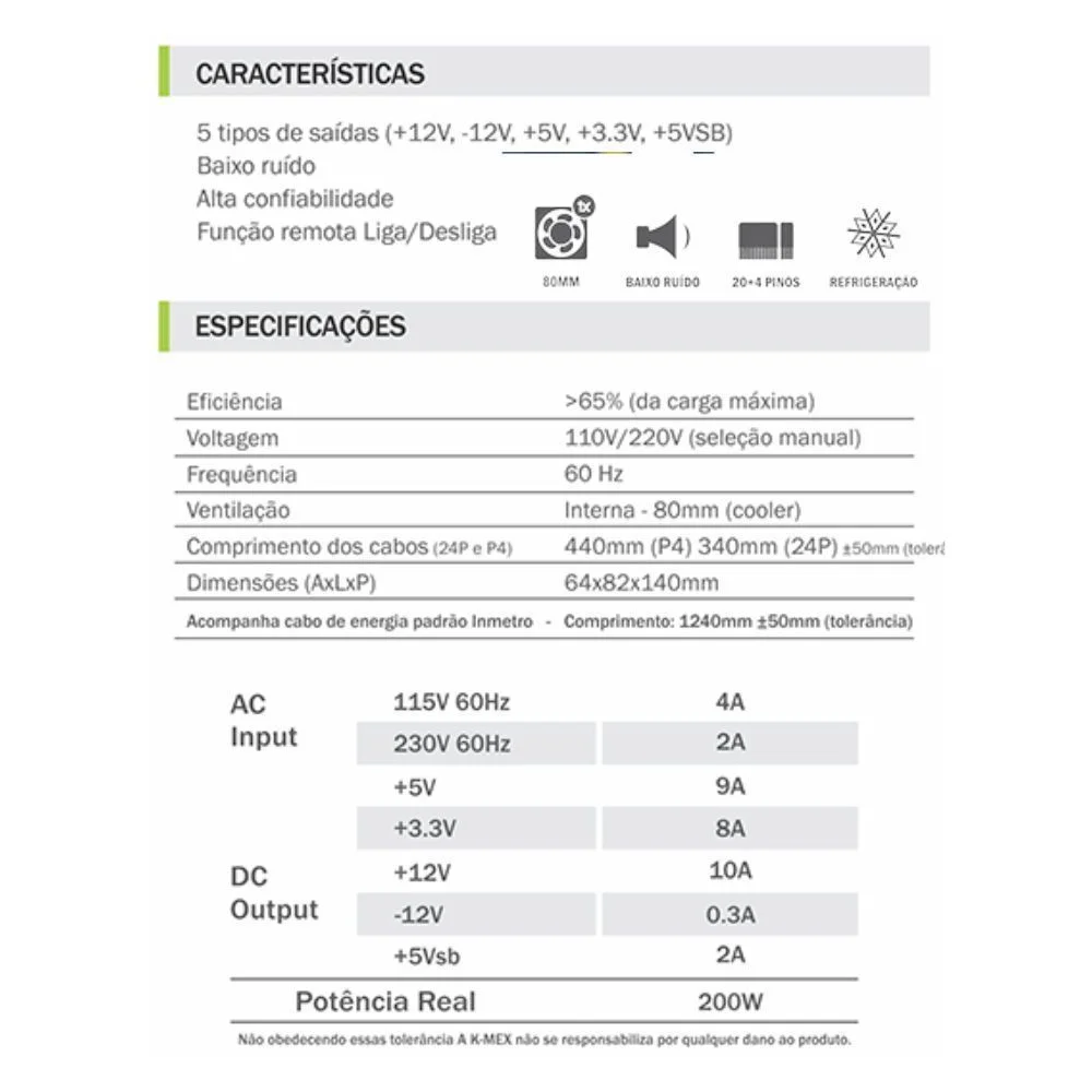 Fonte Atx 20+4 K-mex 200w K-mex