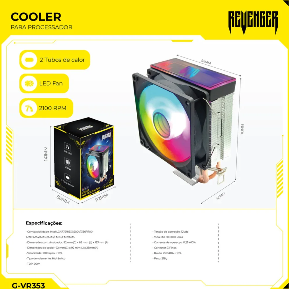 Cooler Processador Revenger G-VR353 RGB 95W Compatível Com processadores Intel e AMD Cooler Processador Revenger G-VR353 RGB 95W Compatível Com processadores Intel e AMD