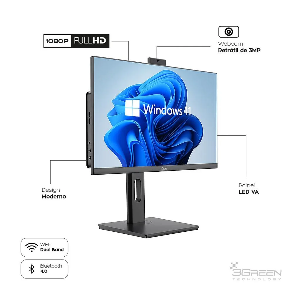 "Computador All In One 24"" Preto, Intel i3 9100, 8GB, SSD 256gb, WINDOWS 11  , Webcam, Wi-fi, 3green Unique" em Campinas - foto 4