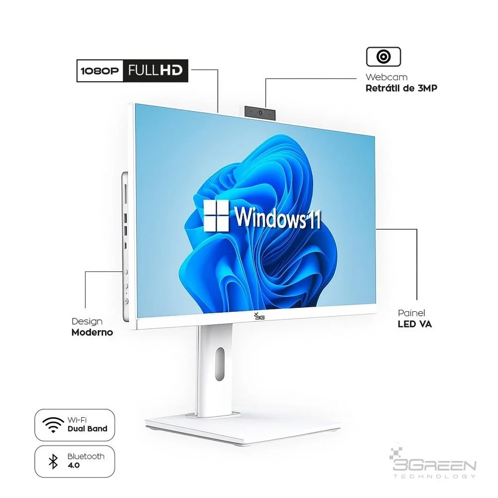"Computador All In One 24"" Branco, Intel i3 9100, 8GB Ddr4, SSD 512gb, WINDOWS 11  , Webcam, Wi-fi, 3green Unique" em Campinas - foto 4
