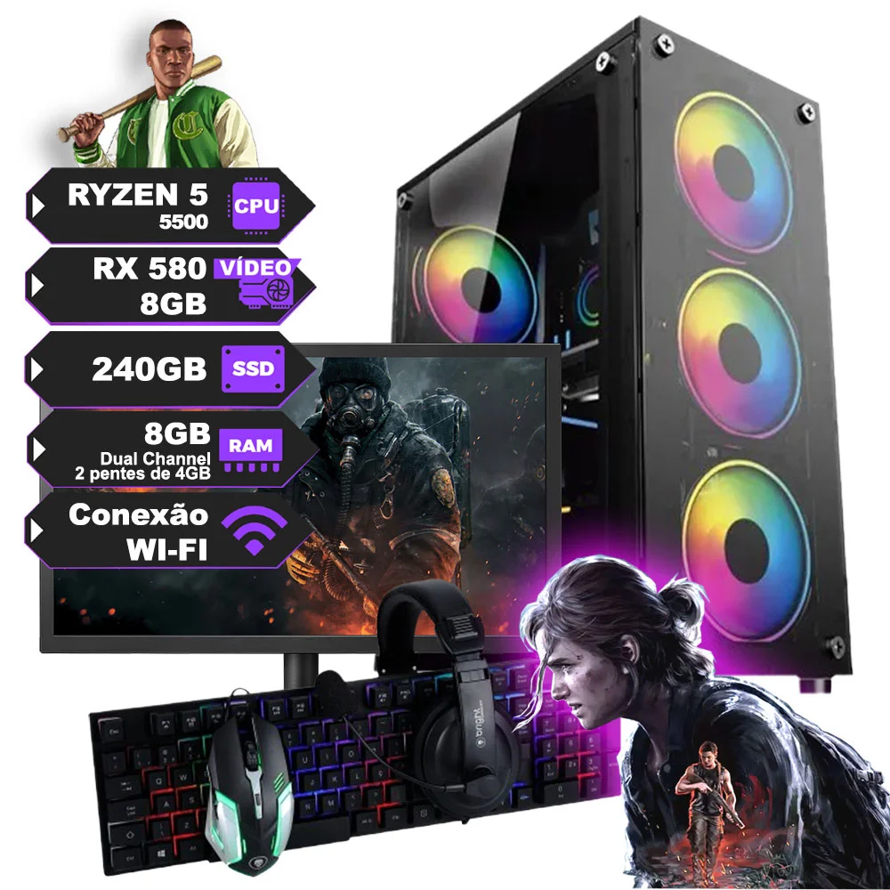 "Pc Gamer Completo Ryzen Ryzen 5 5500 c/ 6 núcleos, Placa de Vídeo dedicada Rx580 de 8GB, SSD 240GB, Ram 8GB DDR4, Fonte 500W e Monitor de 20"""